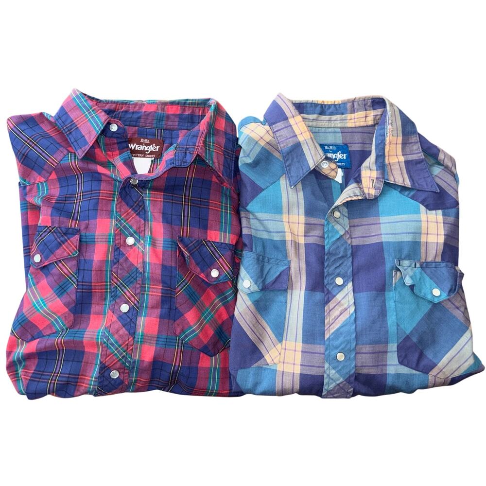 Vintage Wrangler Western shirts long sleeve plaid pearl snap (lot of 2) large